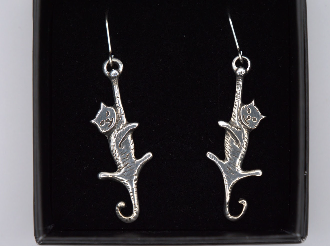 St Justin Pewter Climbing Cat Drop Earrings