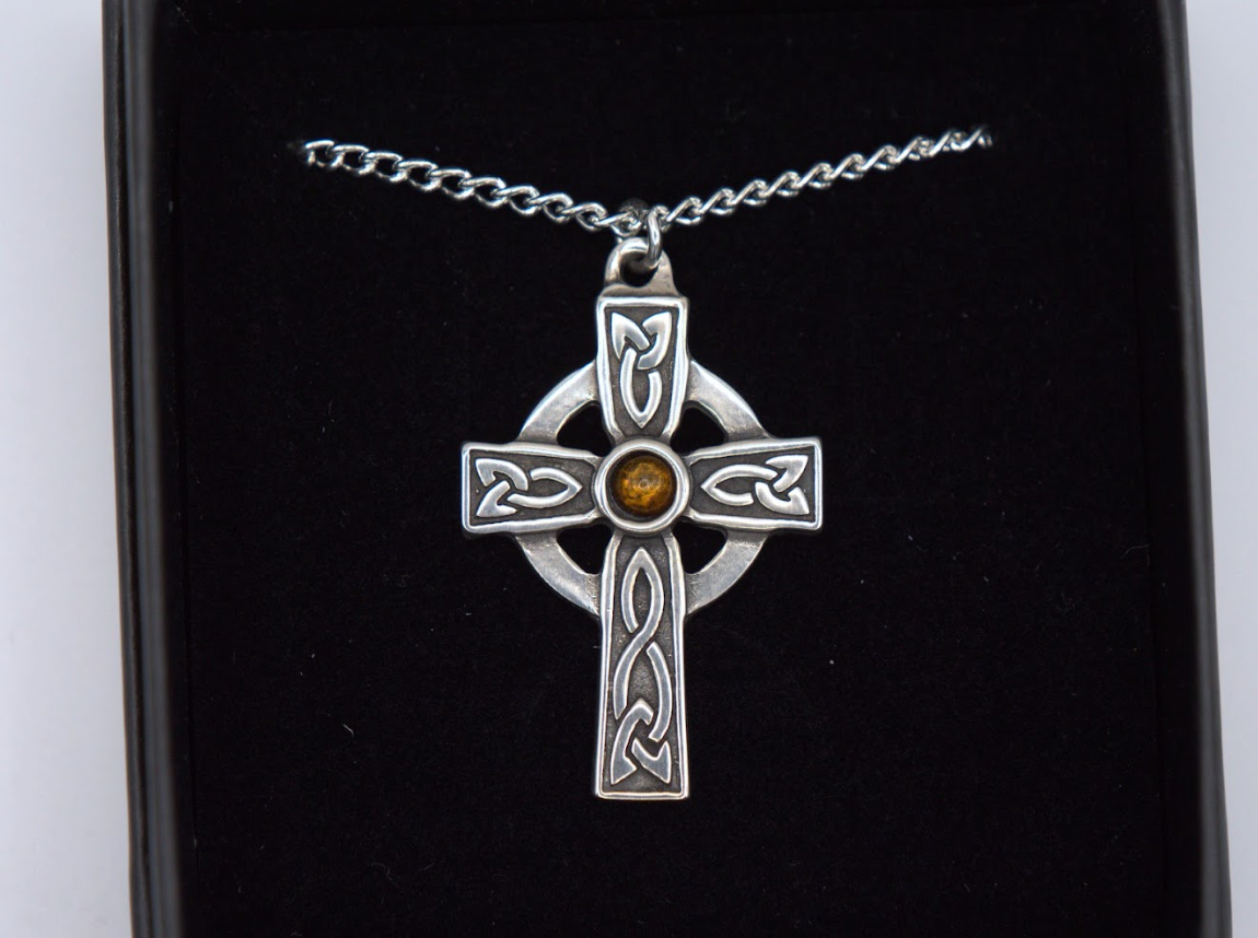 St Justin Pewter Orange Celtic Cross Necklace