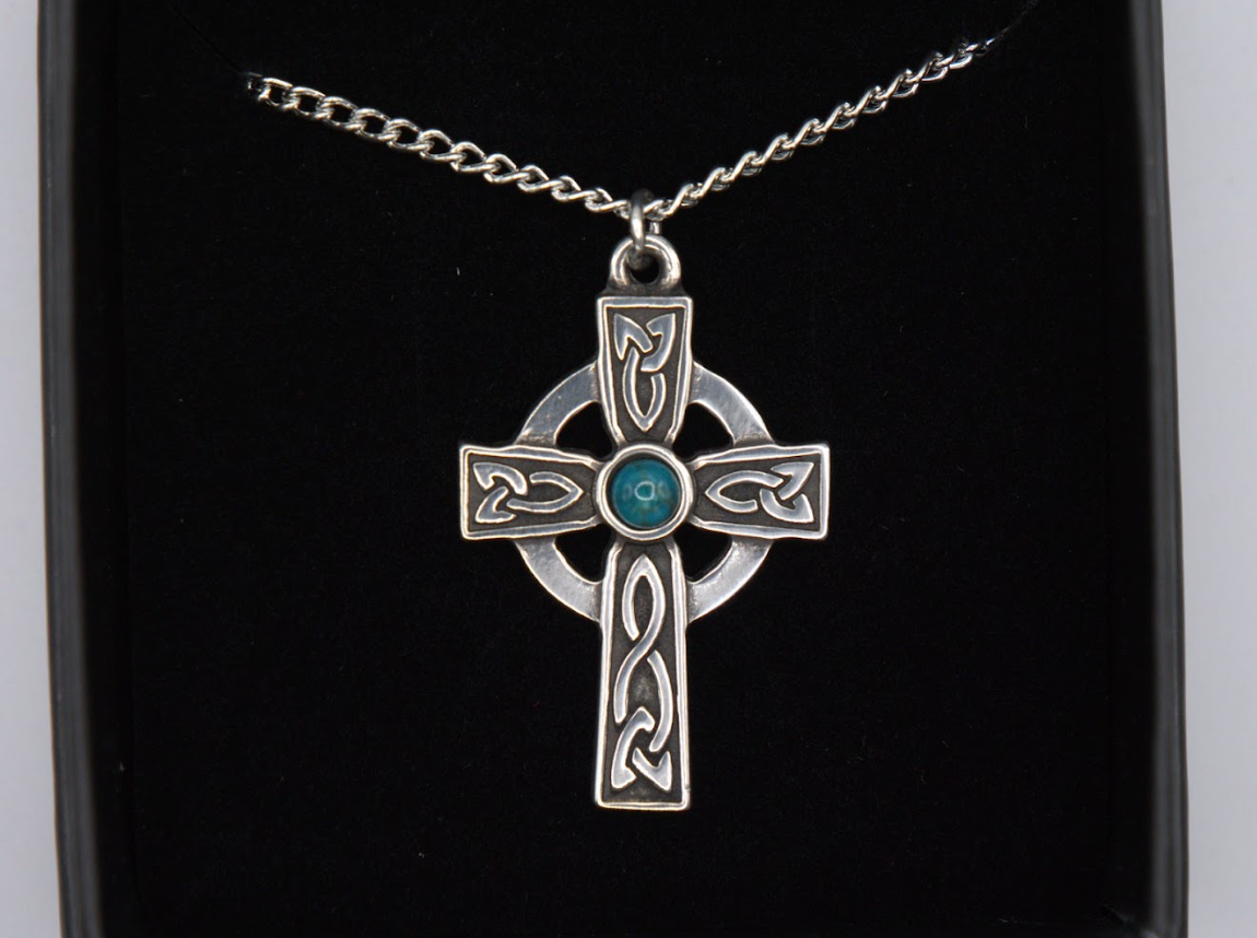 St Justin Pewter Celtic Cross Turquoise Stone Necklace