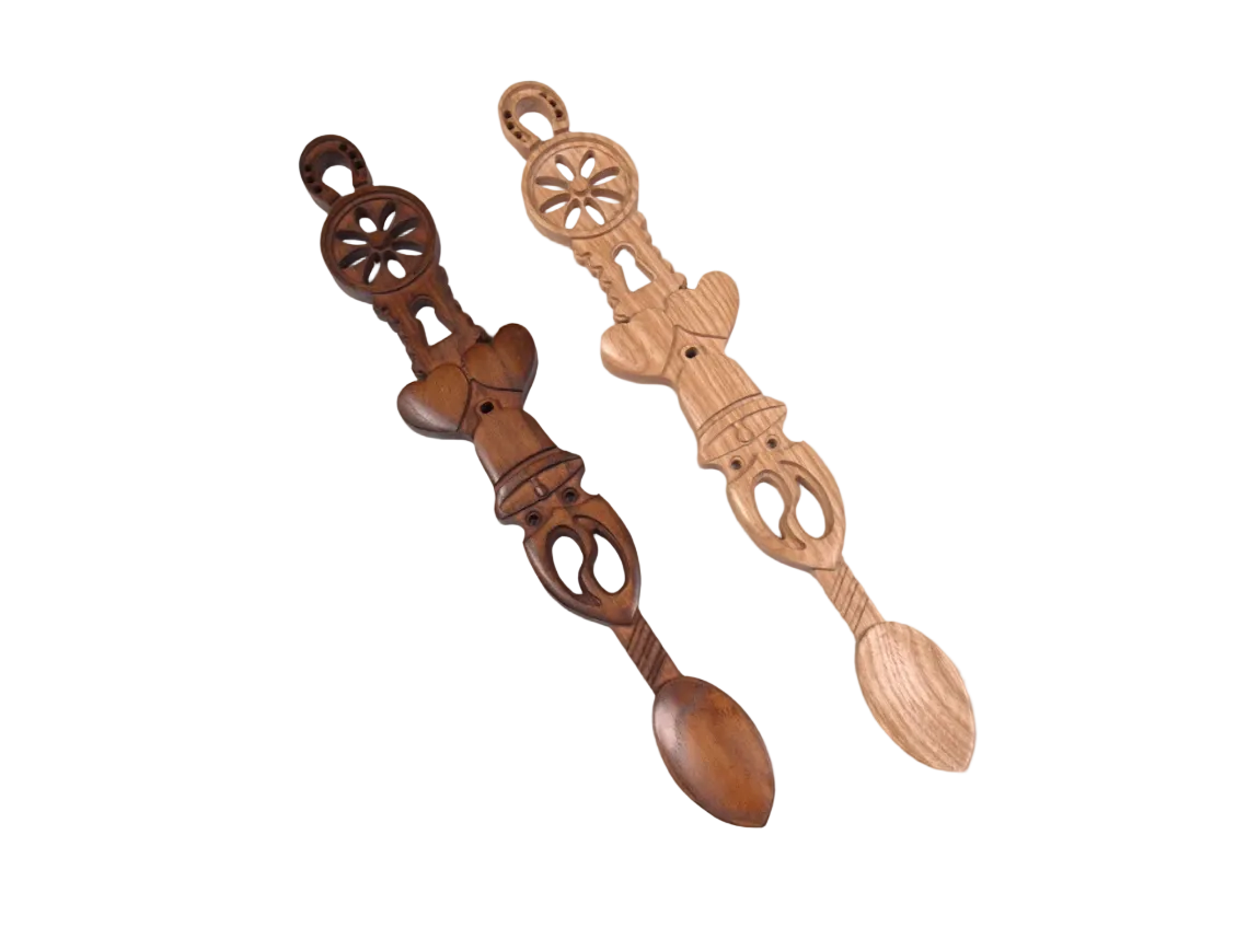 Welsh Lovespoon with Horseshoe, Wheel, Lock, Hearts, Bell & Soul Mates
